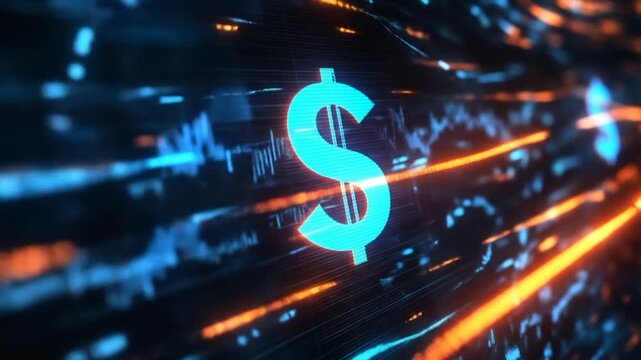 Glowing blue dollar symbol amidst a blurred, digital data stream of orange and blue