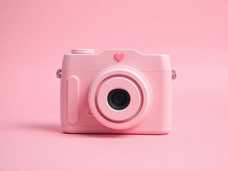Sweet pink camera with a heart icon, smiling for love-themed visuals Soft pink backdrop,  cute,  sweet
