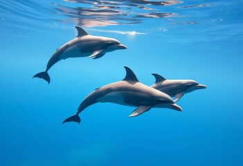 Obraz premium Three bottlenose dolphins swimming gracefully in the ocean, animal, marine life