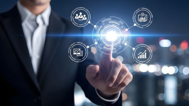 Businessman touching digital screen with business icons in cityscape