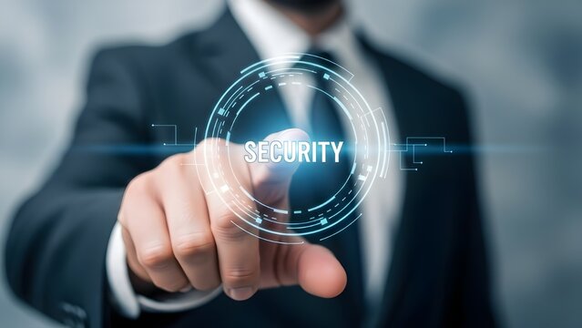 Businessman touching security hologram on screen with finger