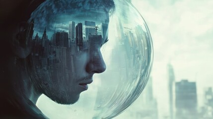 Contemplative Astronaut in Urban Reflection - A Fusion of Space and City.