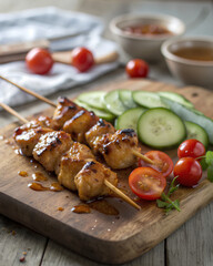 Savory grilled chicken skewers served with fresh cucumber and cherry tomatoes