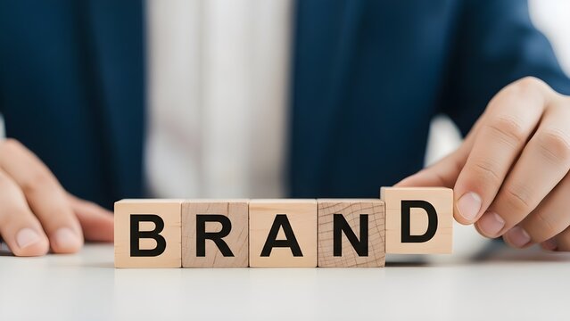 Building a brand with wooden blocks in business setting - Powered by Adobe