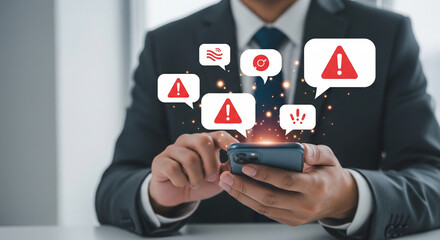 Businessman receives urgent alerts and notifications on his mobile phone, highlighting digital risk.