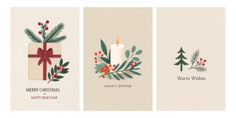 modern minimalist Christmas card set with gift box, candle and holiday botanical illustrations, elegant seasonal greeting cards with pine branches, red berries and festive decorative elements