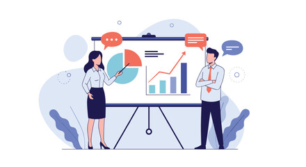 A business woman presents market analysis on a whiteboard to a male colleague, illustrating growth and data trends in a corporate meeting setting.