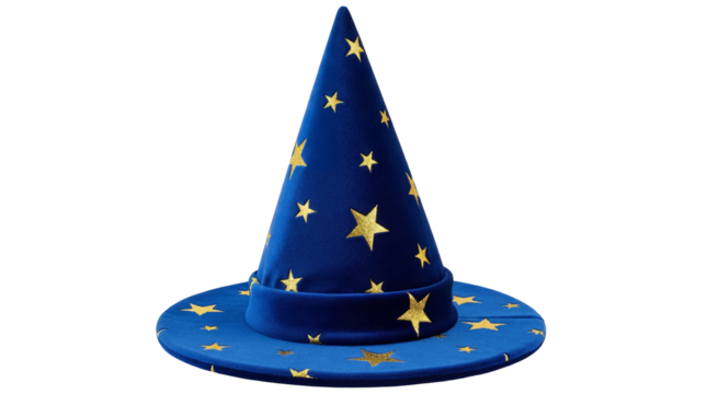 Blue wizard hat with gold stars isolated PNG, magical costume accessory for Halloween and fantasy themed designs on transparent background