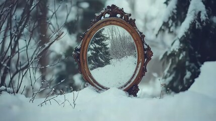 Winters Reflection - An Antique Mirror in a Snowy Landscape.