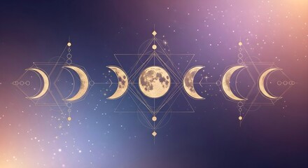 Naklejka premium Mystical moon phases with geometric sacred symbols on cosmic gradient background