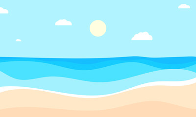 flat beach illustration showing calm ocean waves and bright sky for holiday themes