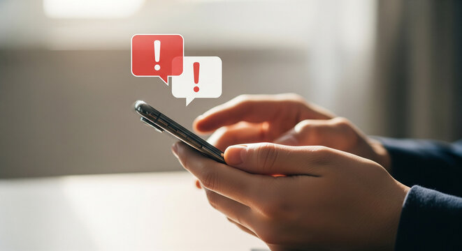 Person's hands using a smartphone with notification alerts, conveying urgent communication.
