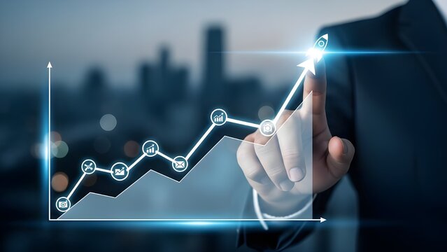 Businessman touching rising graph with city skyline background