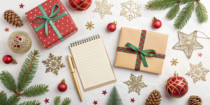 Christmas gift wrapping with notebook candles and fir branches on wooden table top view .
