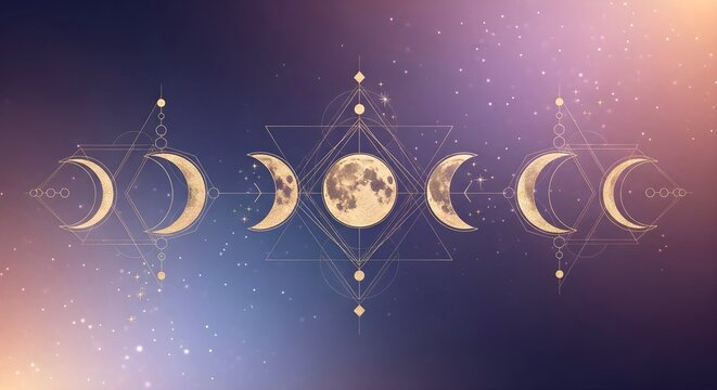 Mystical moon phases with geometric sacred symbols on cosmic gradient background