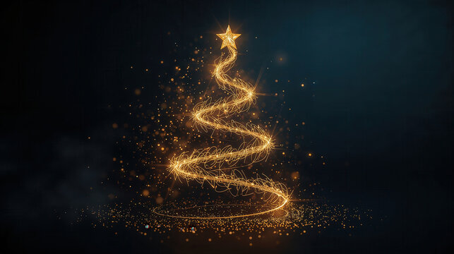 Albero di Natale dorato luminoso su sfondo scuro. Generative AI