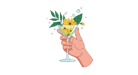 A hand holds a martini glass filled with vibrant yellow flowers and fresh green leaves, symbolizing a refreshing and natural botanical beverage.