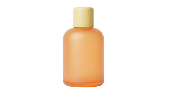 Small orange bottle isolated PNG on transparent background, container for cosmetics or toiletries, travel size packaging for liquids