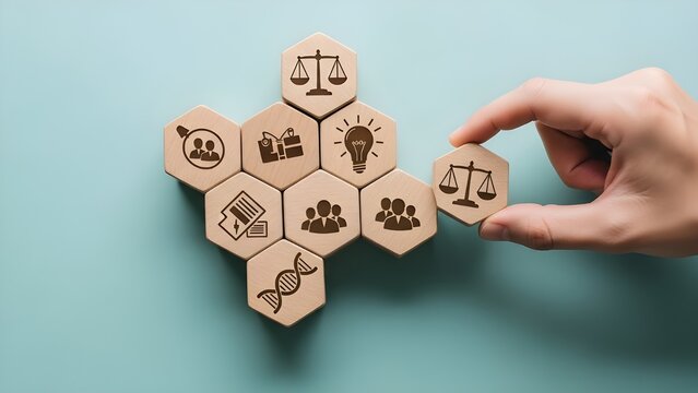 Building blocks of justice and law with hand