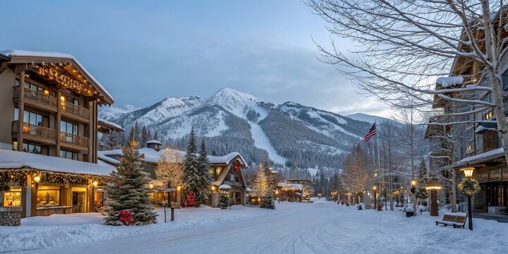 Cozy Winter Mountain Village With Chalet Lights And Snowy Alpine Peaks . - Powered by Adobe