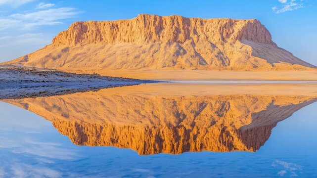 Video A serene lake or river reflects the majestic shape of a mountain