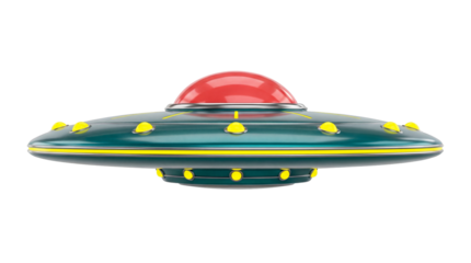 Retro UFO flying saucer PNG isolated, green and yellow alien spaceship with red dome on transparent background, science fiction concept