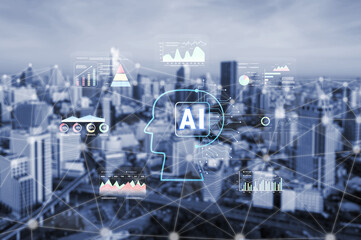 Fototapeta premium AI powered business intelligence for advanced data analysis. A concept of a smart system using AI to interpret and visualize company metrics. Motif