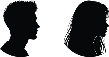 Profile silhouettes, male and female, hairstyle contrast, black outline, minimal design, identity concept, facing each other, head shapes
