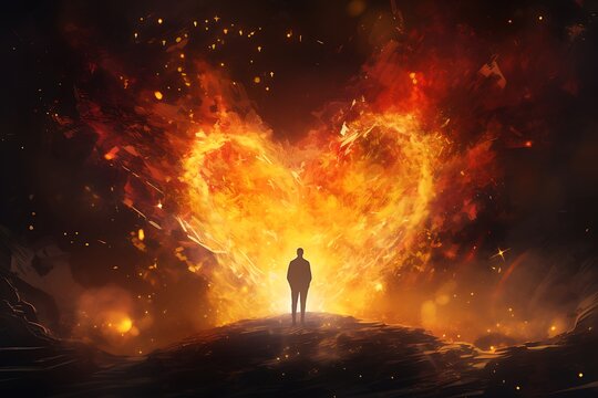 Love-shaped energy glows from the silhouette of a meditating person. - Powered by Adobe