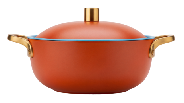 Orange cooking pot with lid isolated PNG, kitchenware for culinary arts and home cooking on transparent background