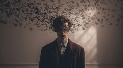 A lone man stands while his face dissolves into a swirling cloud of dark fragments