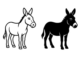 Fototapeta premium Vector illustration of a donkey, black and white, outline and silhouette