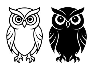 Vector illustration of an owl, black and white, outline and silhouette