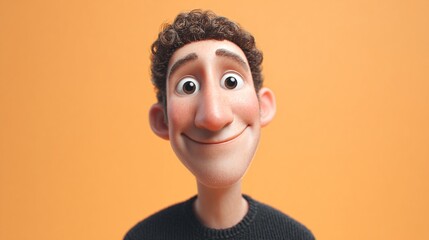 Friendly 3D young man smiles softly against a warm orange background