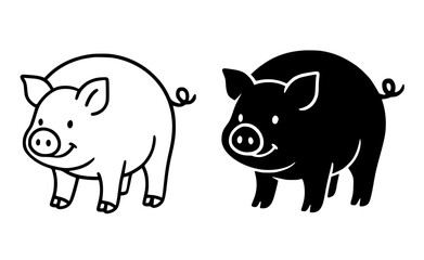 Pig illustration, outline and silhouette versions