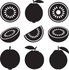 Vector illustration of kiwis and guavas in simple black silhouette