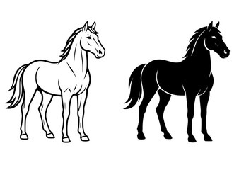 Obraz premium Vector illustration of a horse, black and white, outline and silhouette
