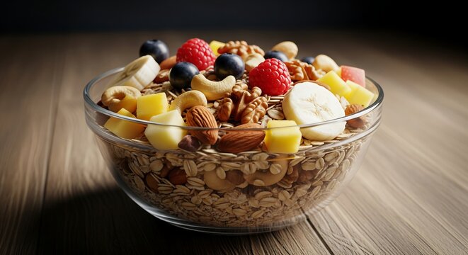 Delicious healthy breakfast bowl with fresh fruit and nuts for a vibrant start to your day, fueling wellness and energy, a delightful and nutritious choice