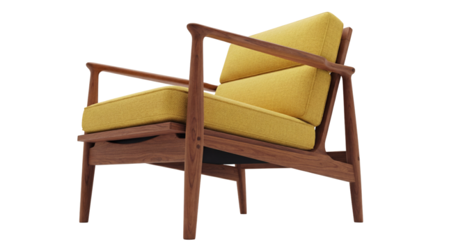 Mid-century modern armchair with yellow cushions isolated PNG, stylish vintage furniture for living room or office on transparent background