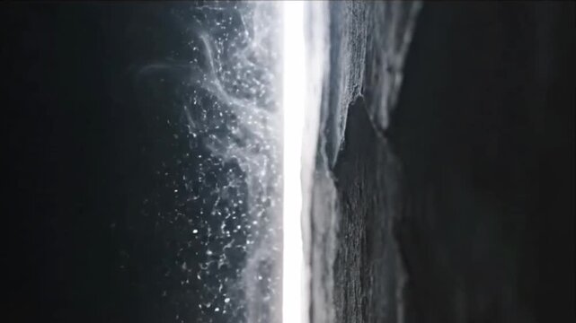 A slow push-in toward a wall with a razor-thin sliver of white light cutting through total darkness. Dust flickers faintly in the beam. Ultra dark minimal noir.