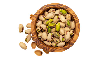 Pistachios in wooden bowl isolated PNG, shelled and unshelled nuts on transparent background, healthy snack for food and nutrition concepts