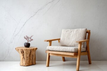 A wooden armchair with a striped cushion sits beside a unique tree stump side table.