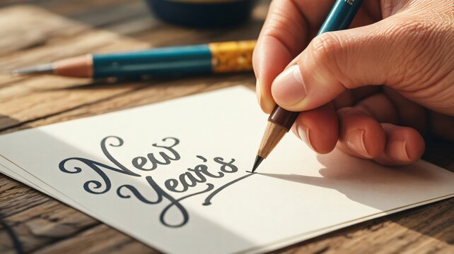 Hand writing New Years message on a small card with a pencil - Powered by Adobe