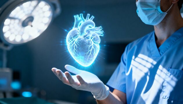 Medical professional holds a glowing, futuristic, holographic heart visualization in an operating room.