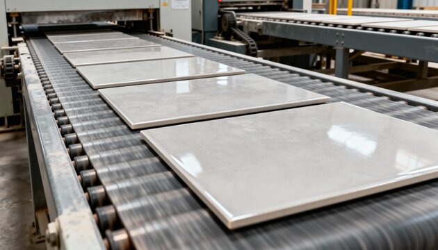Glazed ceramic tiles moving along a conveyor belt system in a modern manufacturing facility.