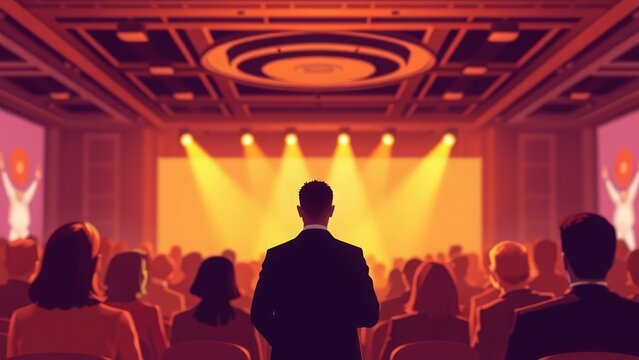 A silhouette of a speaker standing in front of an audience at a vibrant conference illuminated by stage lights. - Powered by Adobe