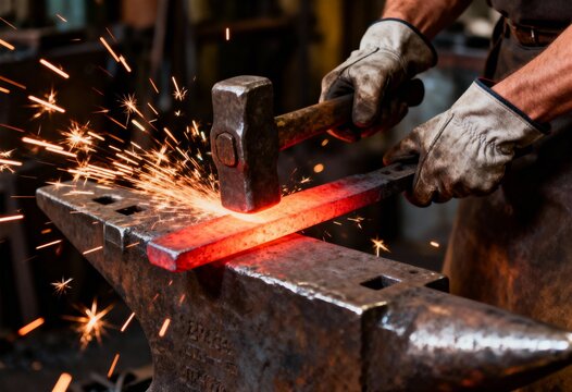 Blacksmith hammering bright red hot metal on an anvil, creating a shower of fiery sparks in a dark workshop.