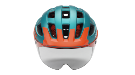Teal and orange bicycle helmet with visor isolated PNG, safety gear for cycling and outdoor sports on transparent background