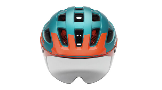 Teal and orange bicycle helmet with visor isolated PNG, safety gear for cycling and outdoor sports on transparent background