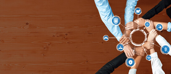A dynamic image showcasing diverse hands coming together, symbolizing teamwork in security themes, surrounded by digital icons representing innovation and protection strategies. Amity